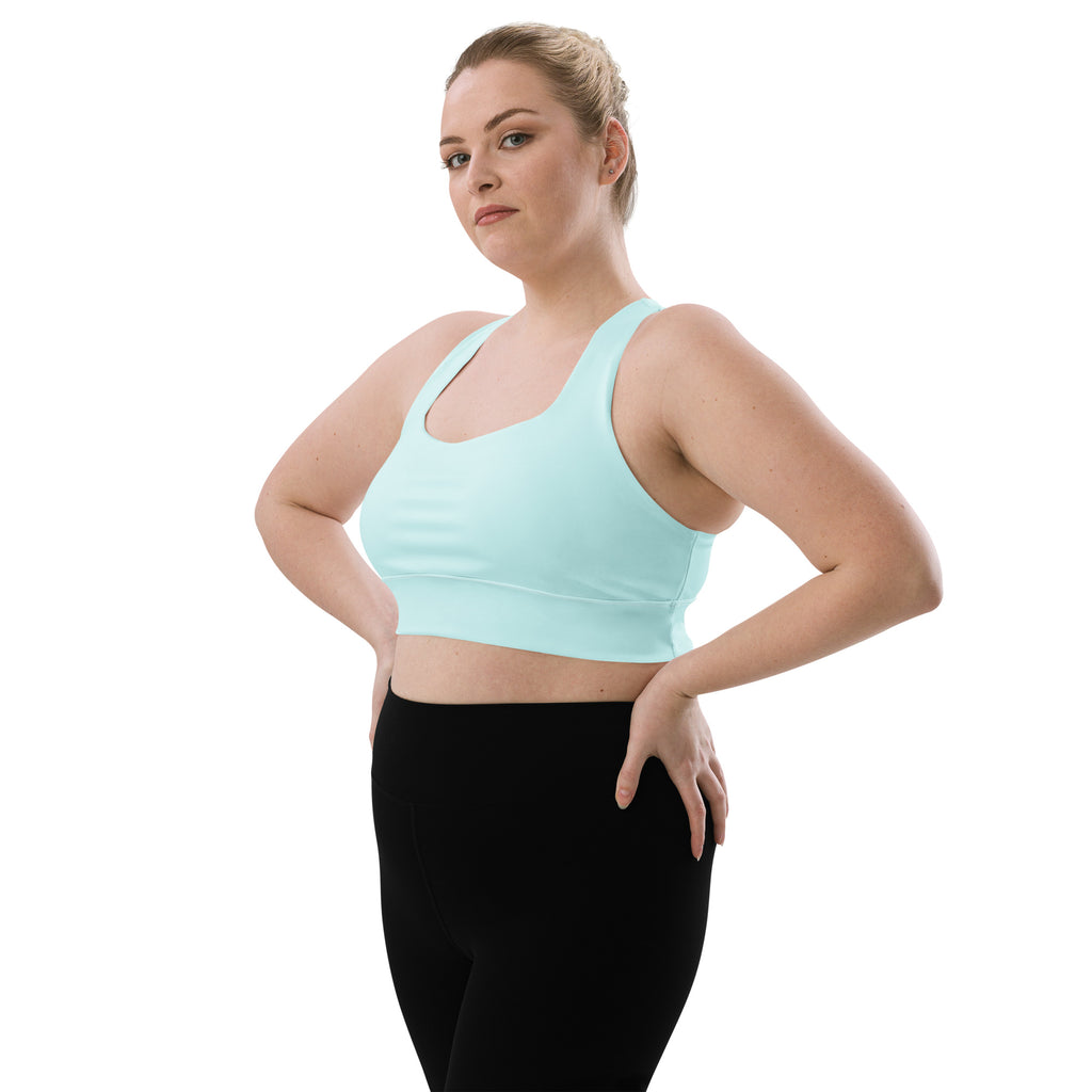 Light aqua blue seamless recycled sports bra with wide straps scoop neckline buttery soft fabric high intensity support