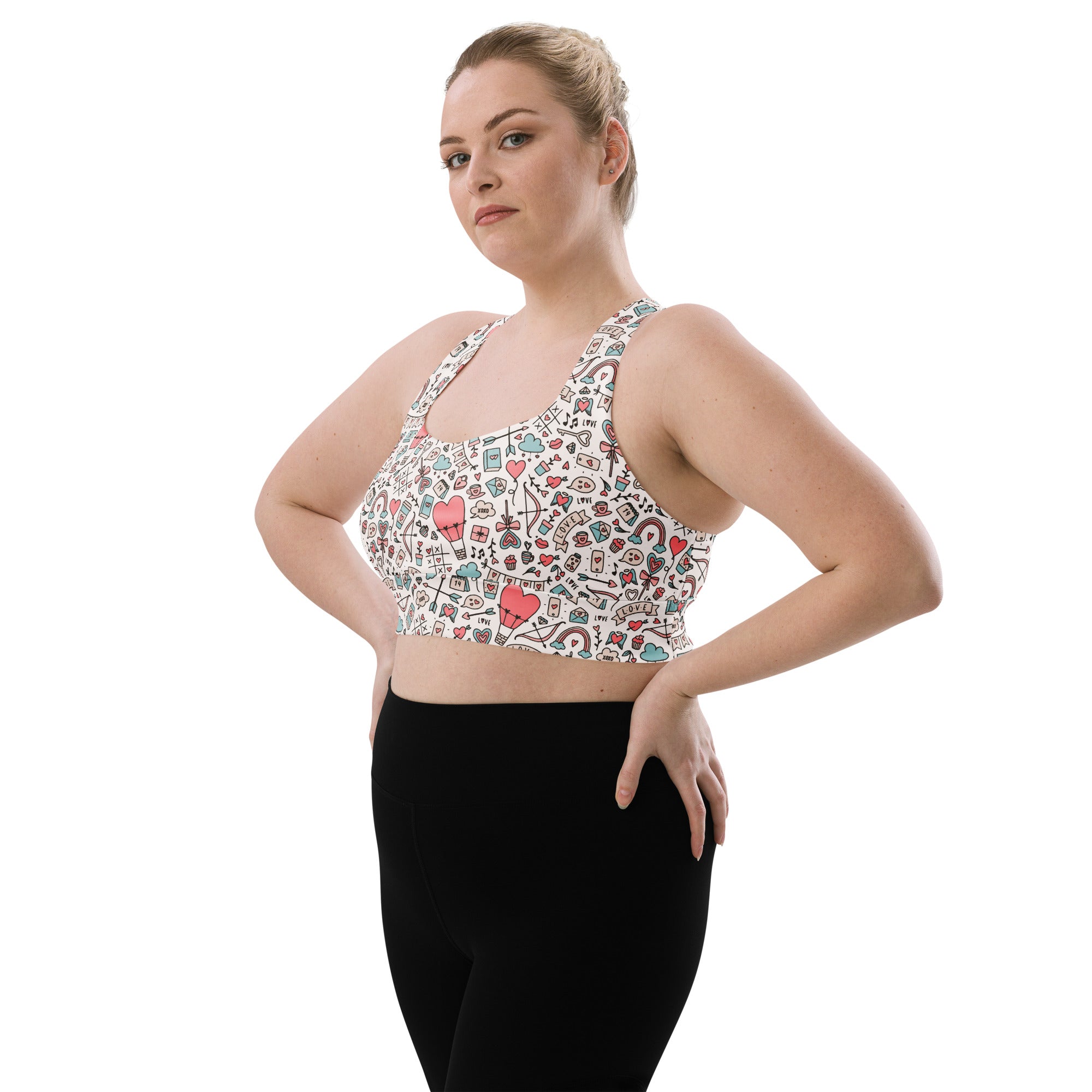 White women’s doodle heart longline sports bra with colorful cartoon doodles buttery soft recycled fabric