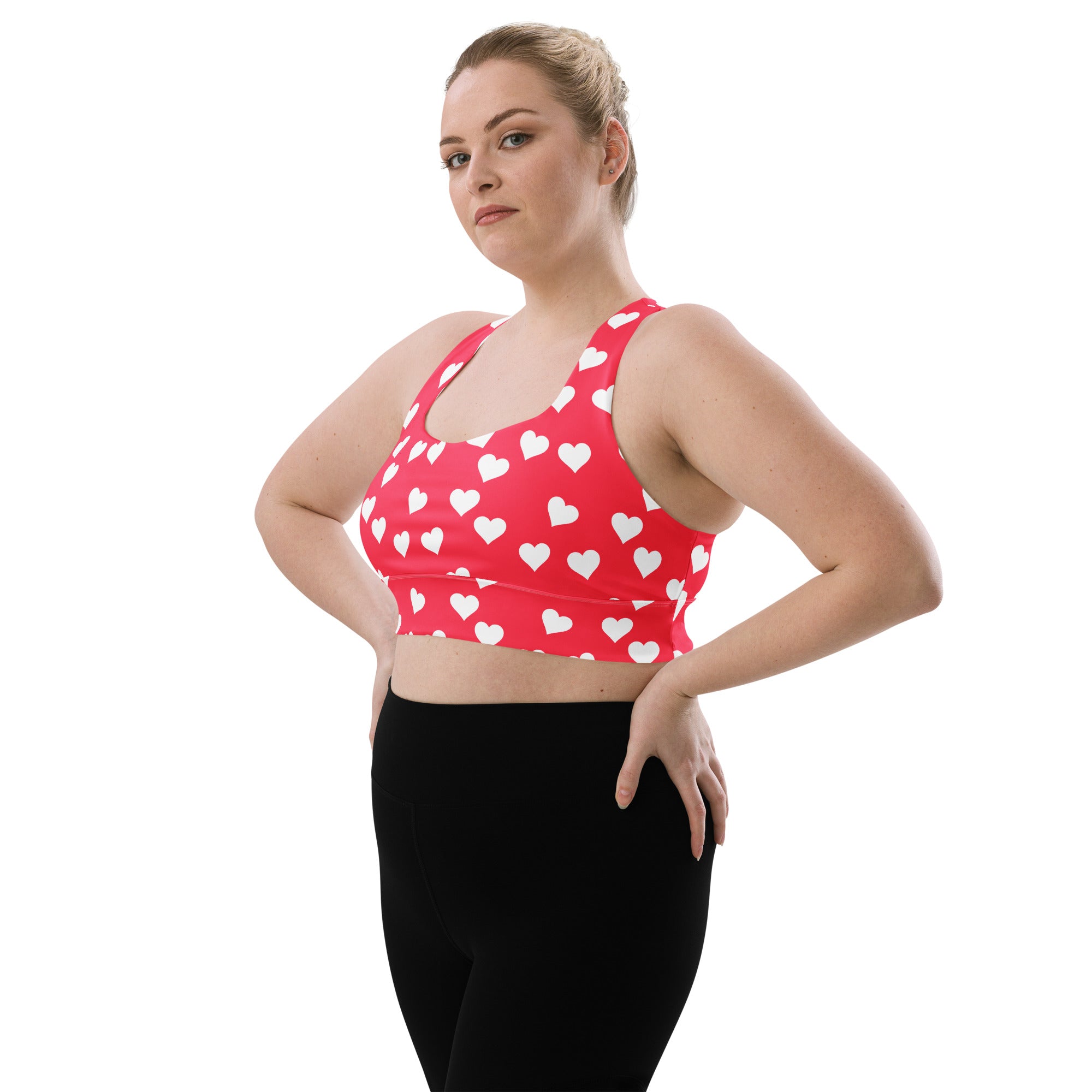 Women’s red heart longline sports bra with white pattern buttery soft recycled fabric high intensity support