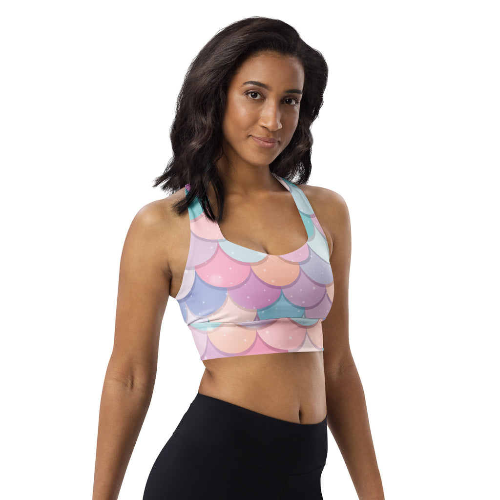 Pastel rainbow mermaid scale patterned longline sports bra made from buttery soft recycled fabric with high intensity support