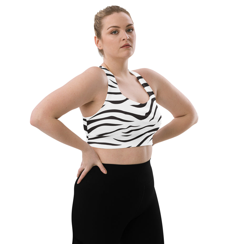 Women’s zebra print black and white recycled buttery soft sports bra with halter neckline for high intensity support