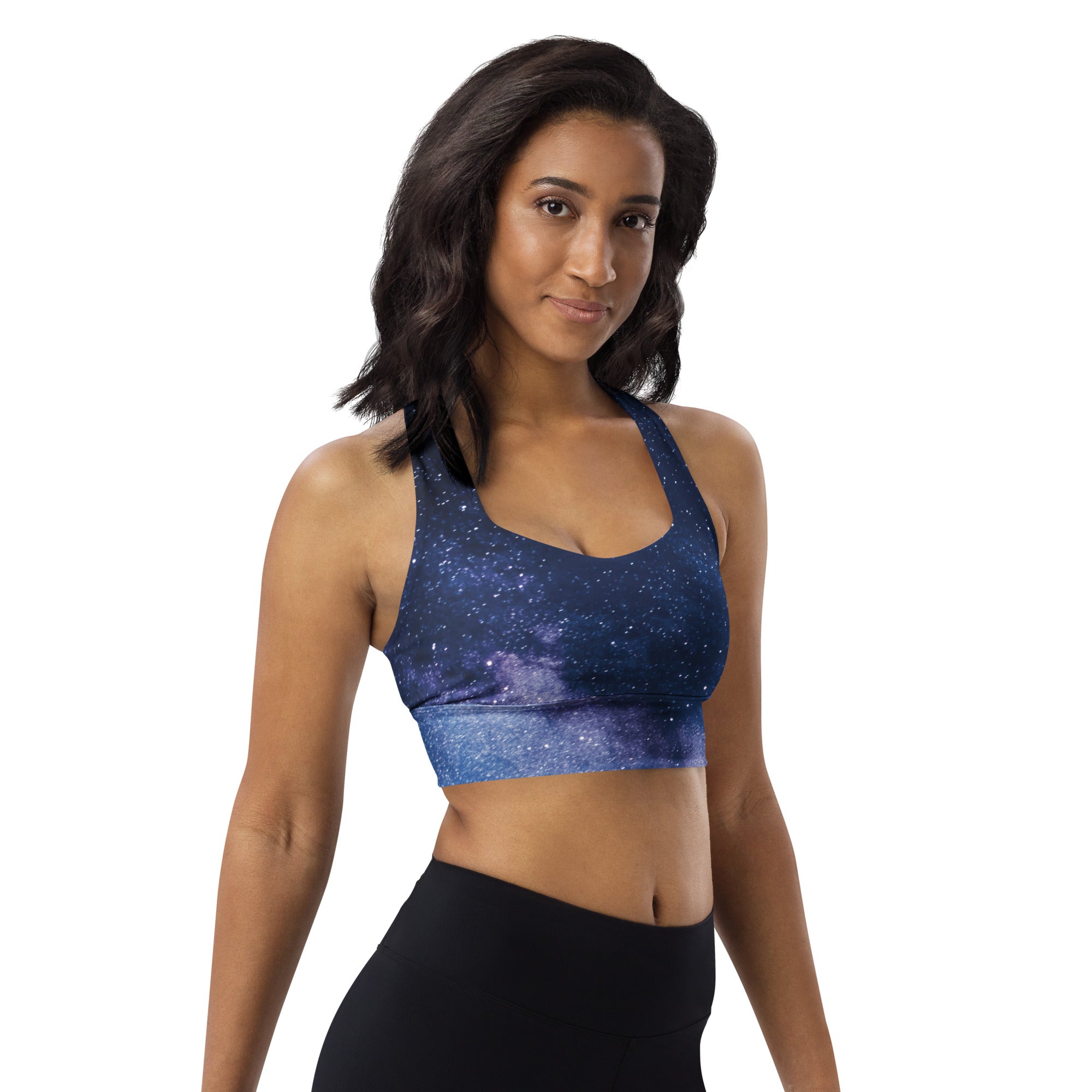 Navy blue and purple galaxy longline sports bra with stretchy buttery soft recycled fabric and high intensity support