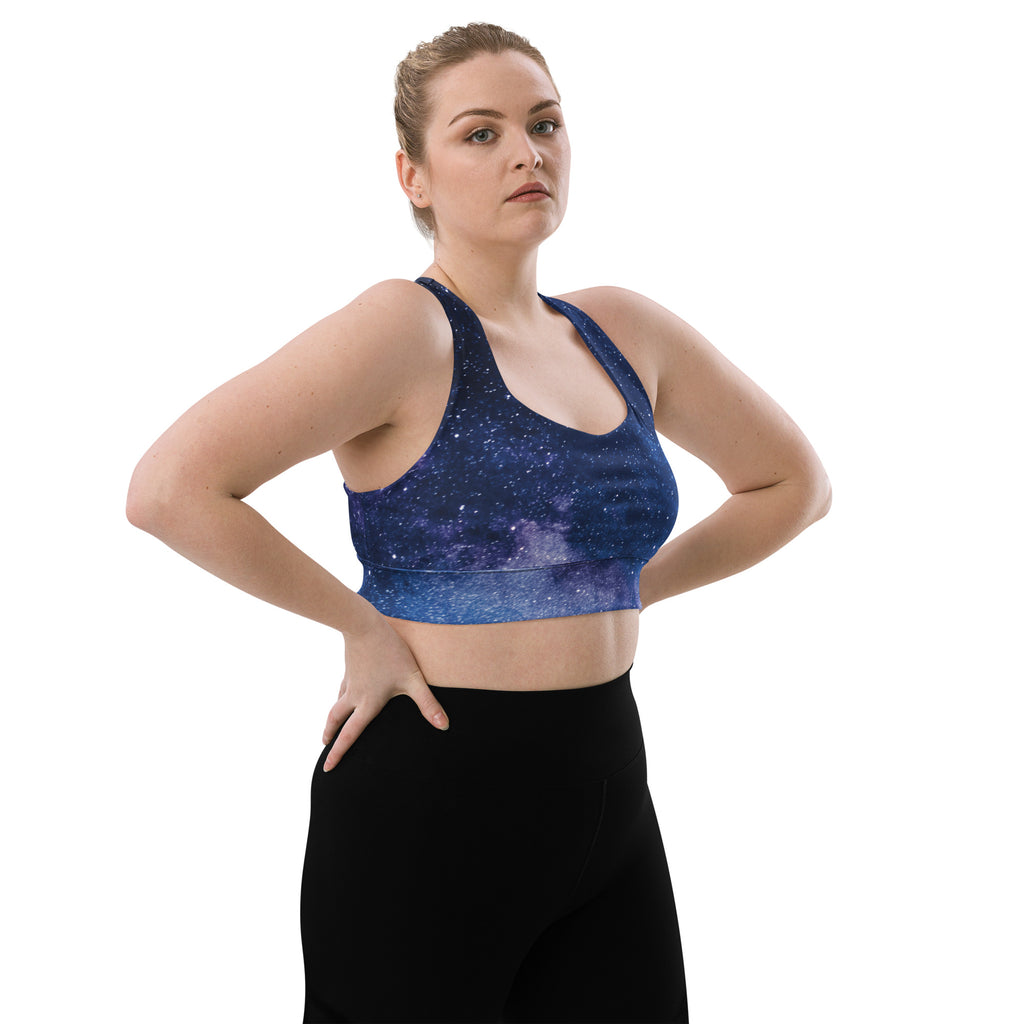 Women’s navy blue starry night print longline sports bra with racerback design high intensity support and quick dry