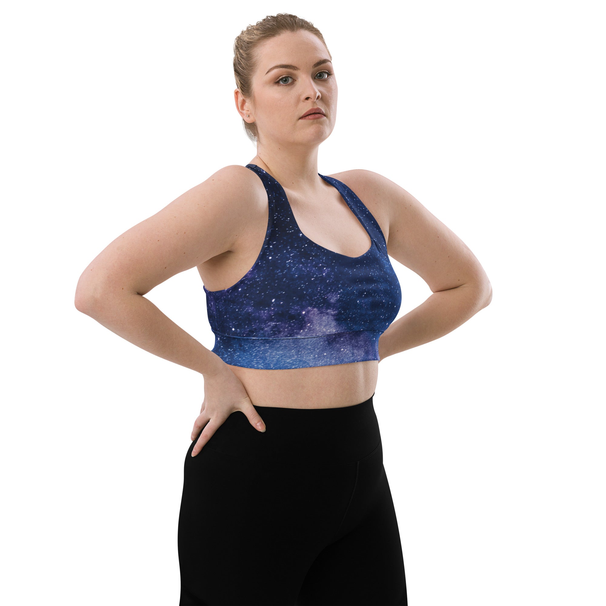 Women’s navy blue starry night print longline sports bra with racerback design high intensity support and quick dry