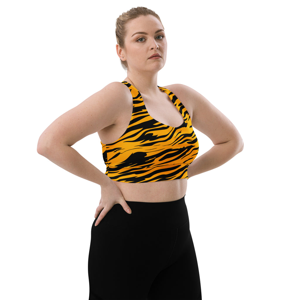 A vibrant yellow and black tiger print longline sports bra with racerback design and high intensity support