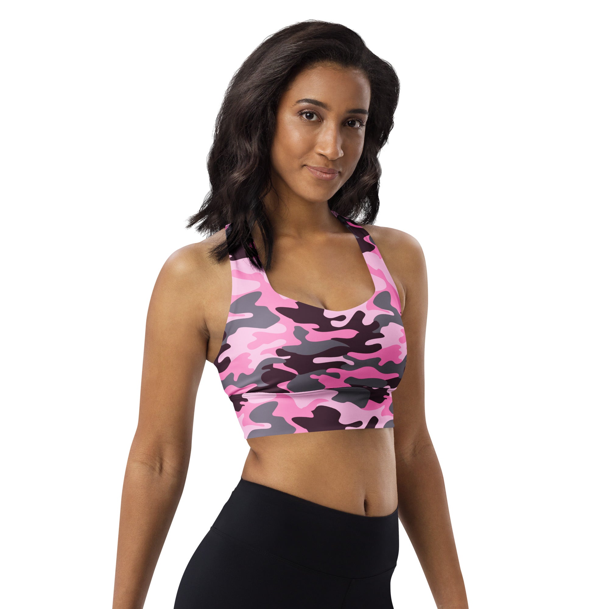Women’s pink and black camouflage buttery soft recycled longline sports bra with high intensity support and quick dry