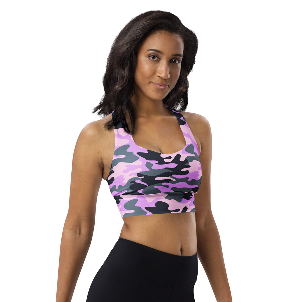Women’s lavender and black camouflage buttery soft recycled longline sports bra with halter neckline and high intensity support