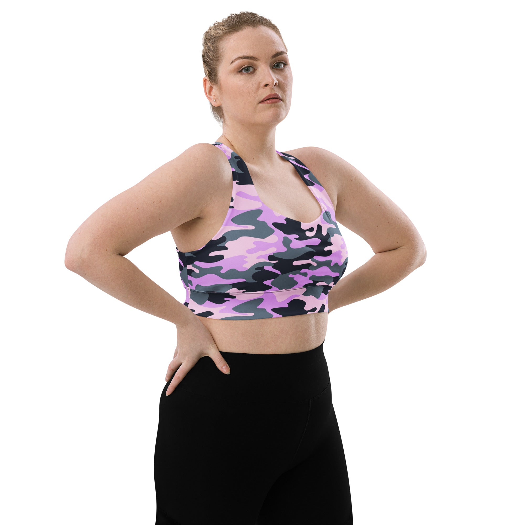 Women’s pink and gray camouflage buttery soft recycled longline sports bra with racerback for high intensity support