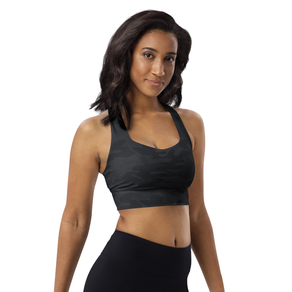 Women’s black camouflage buttery soft recycled longline sports bra with racerback straps for high intensity support