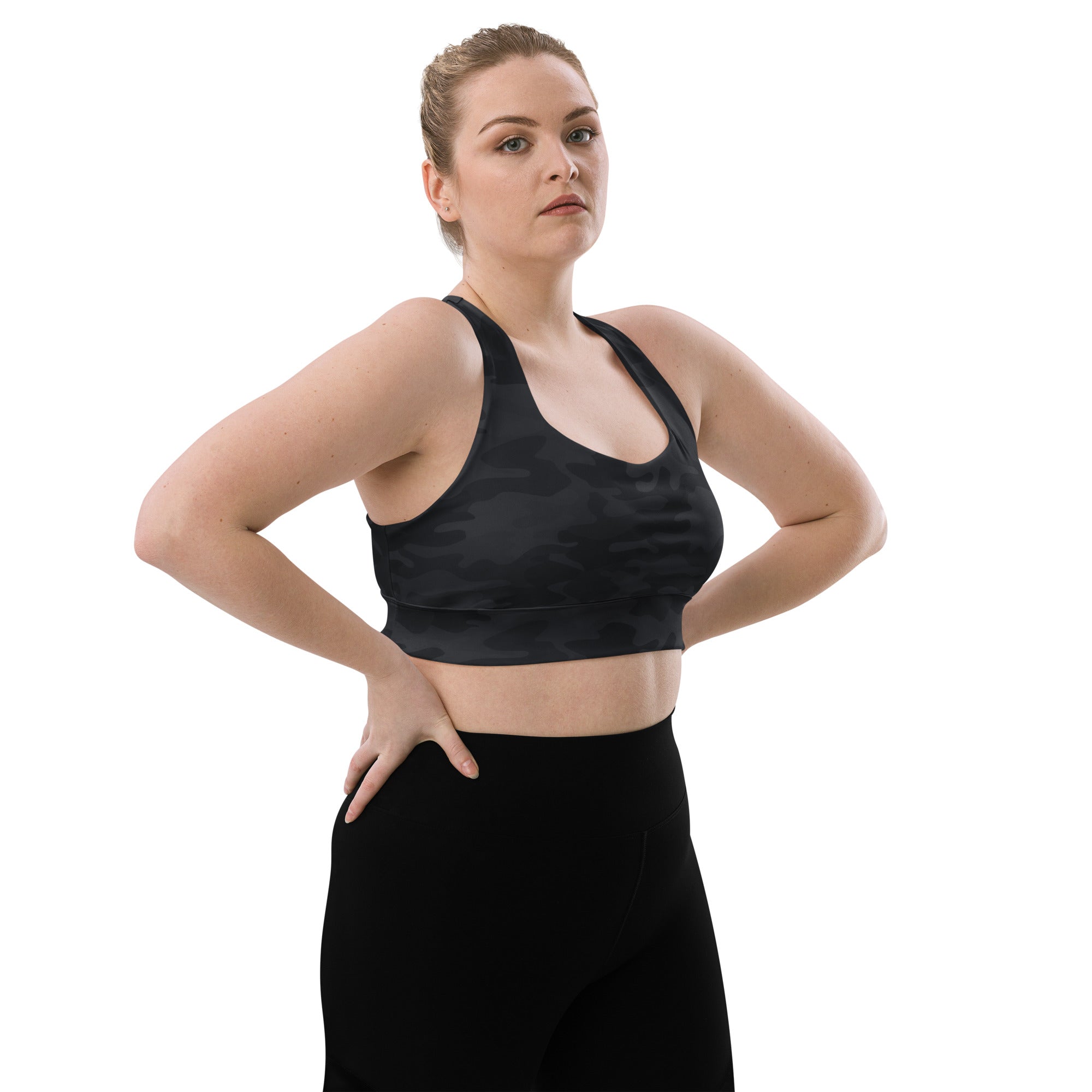 Women’s black camouflage seamless recycled sports bra with racerback straps for high intensity support