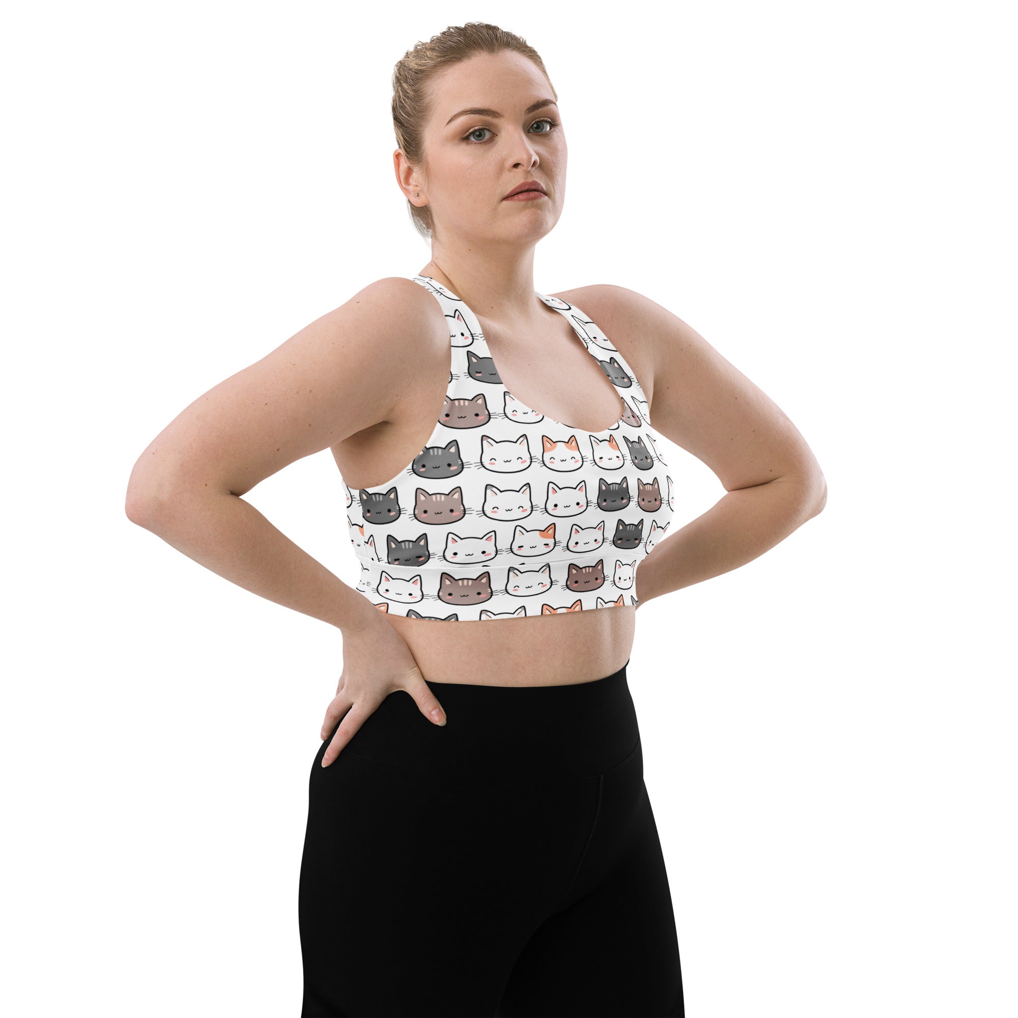 White longline sports bra with colorful cartoon cat pattern, buttery soft recycled fabric, high intensity support