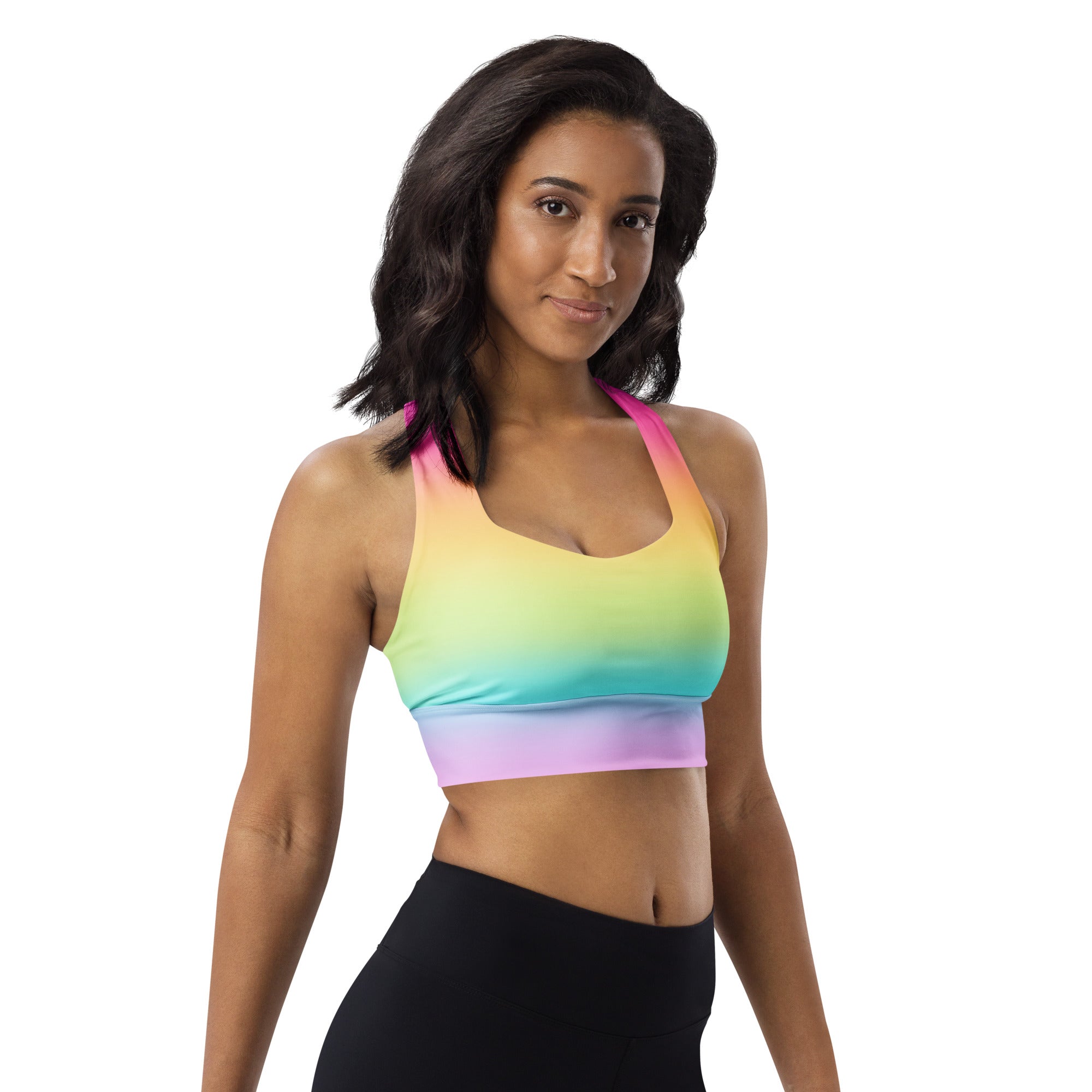 Women’s bright rainbow gradient sports bra with halter neck stretchy fabric buttery soft recycled material