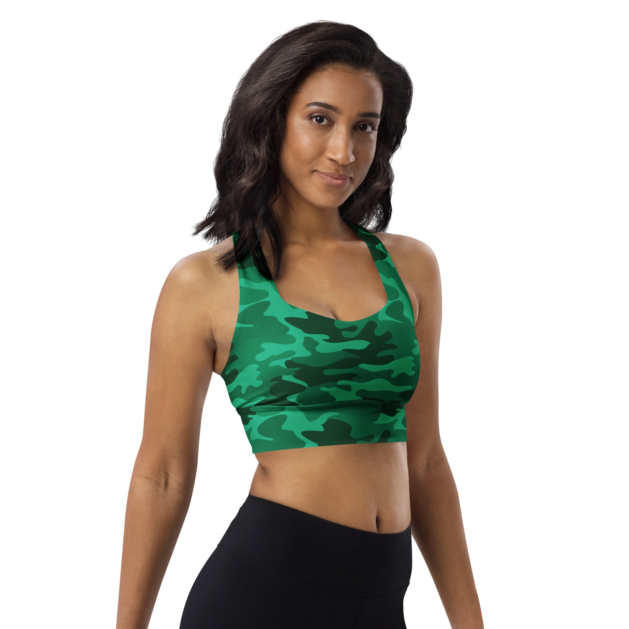 Women’s green camouflage longline sports bra with buttery soft recycled fabric and high intensity support