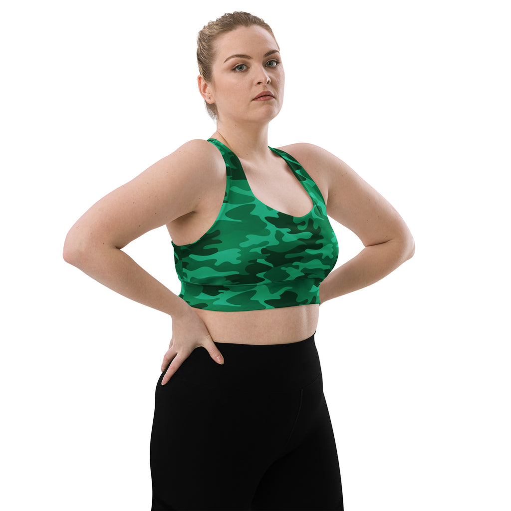 Women’s green camouflage buttery soft recycled longline sports bra with high intensity support and quick dry fabric