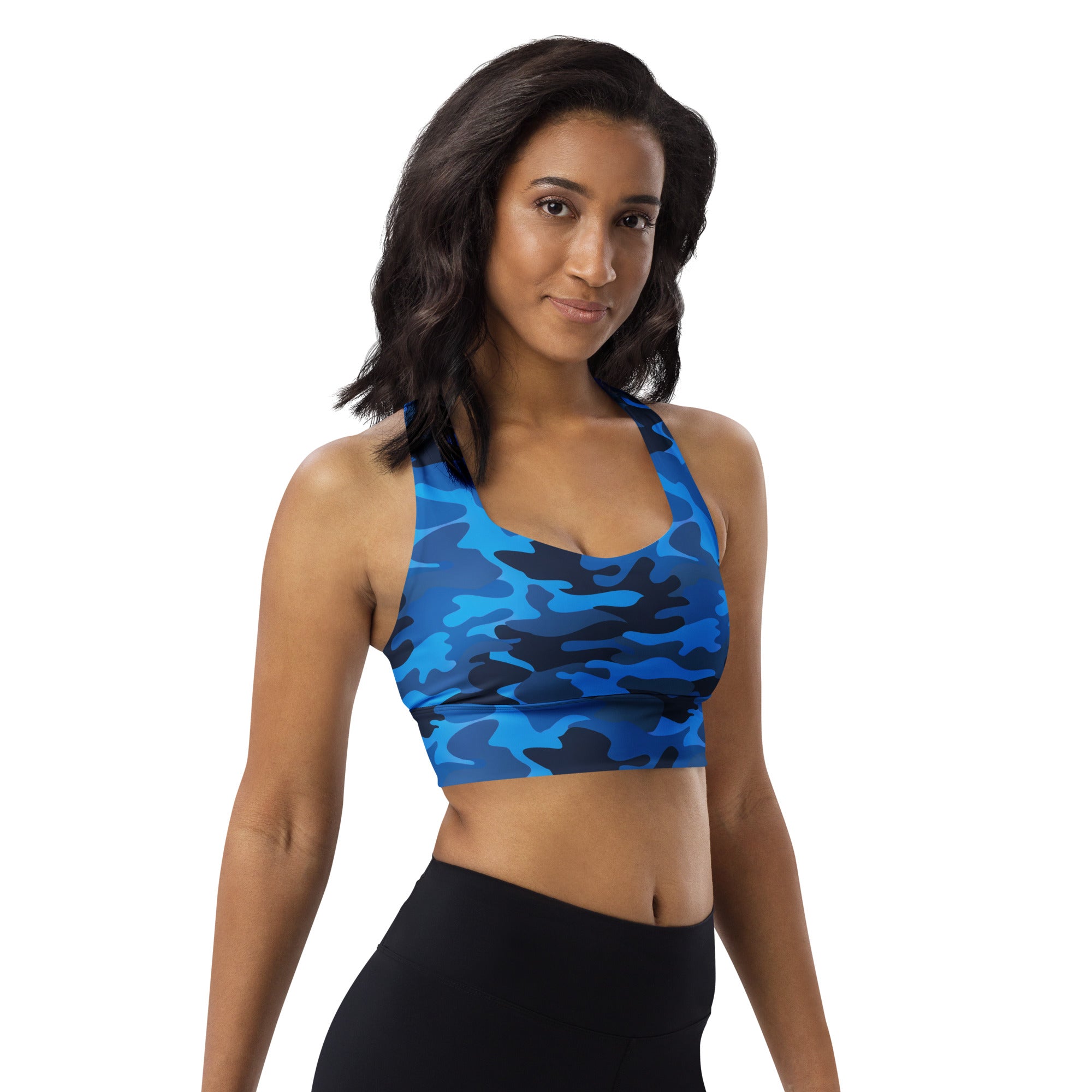 Women’s blue and black camouflage recycled longline sports bra with high intensity support and quick dry fabric
