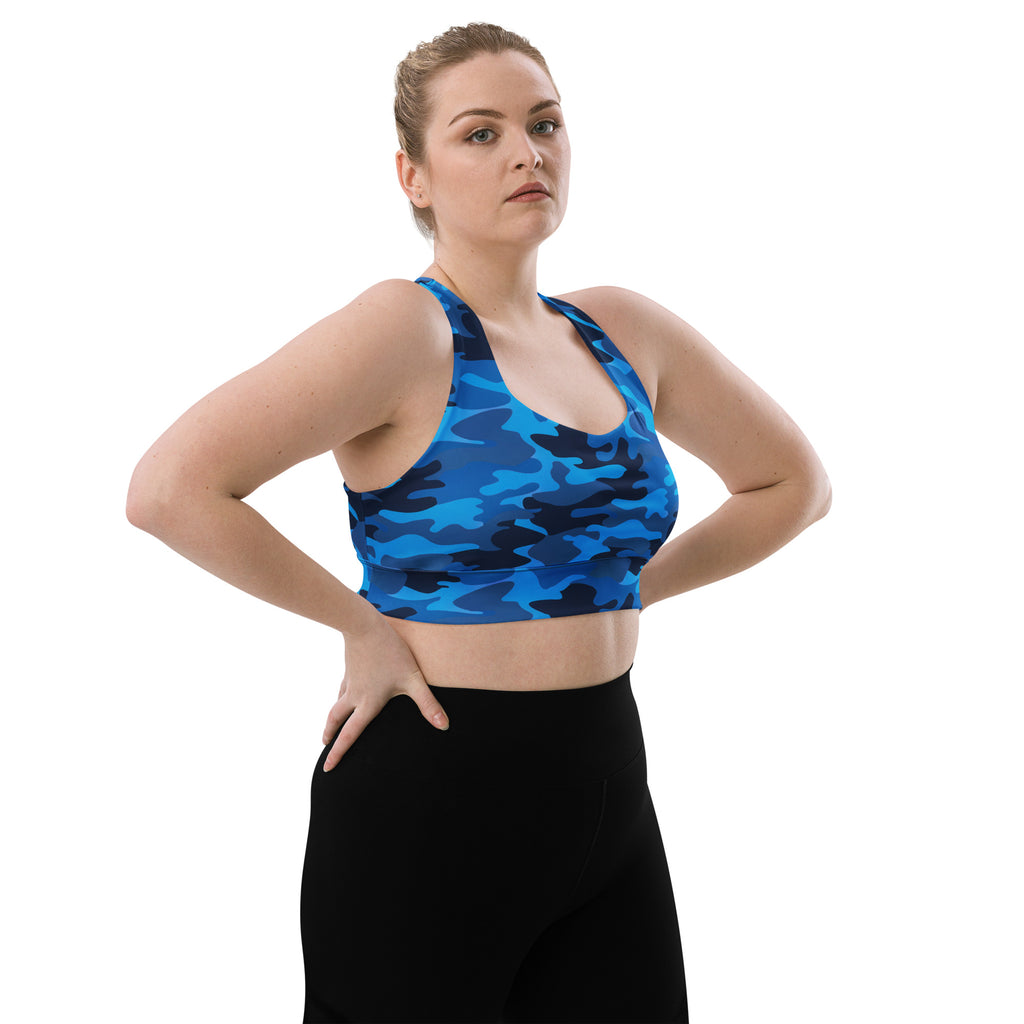 Women’s blue camouflage buttery soft recycled longline sports bra with high intensity support and quick dry fabric