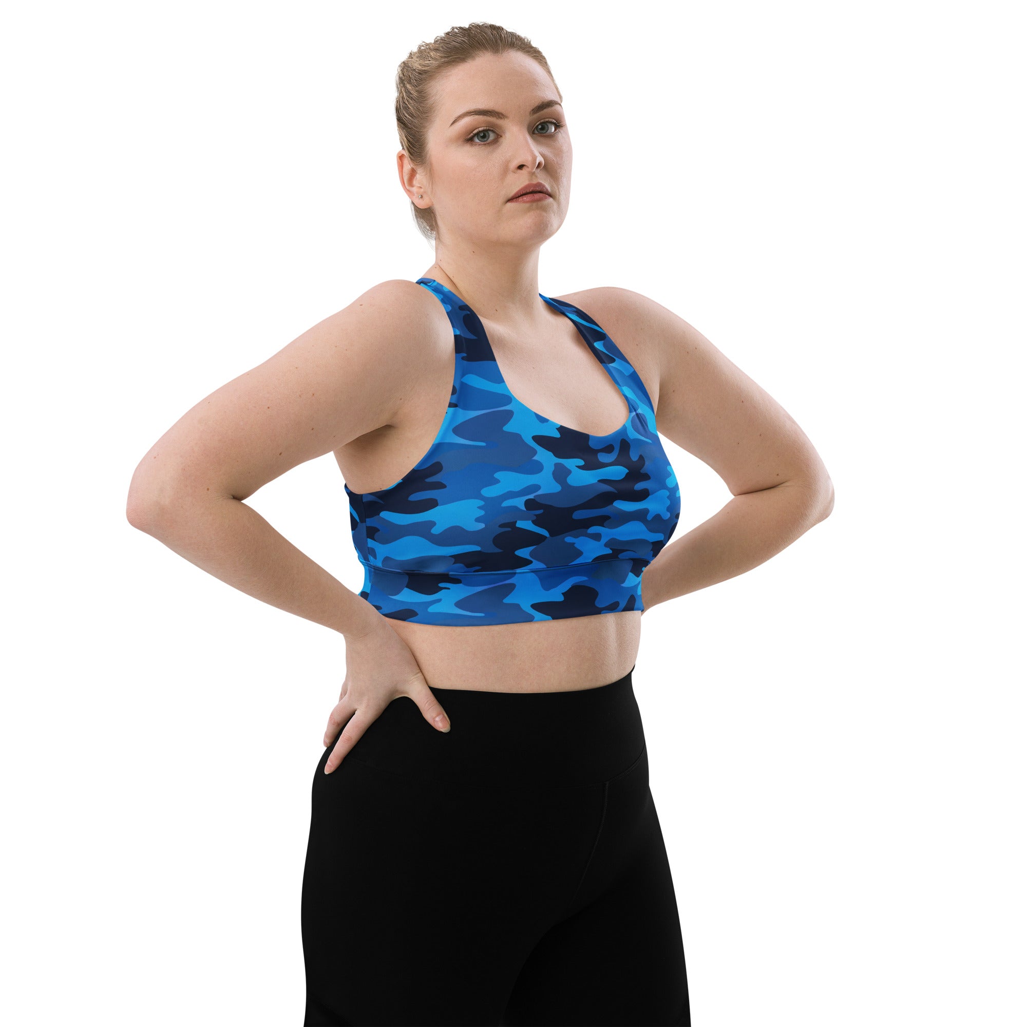 Women’s blue camouflage buttery soft recycled longline sports bra with high intensity support and quick dry fabric