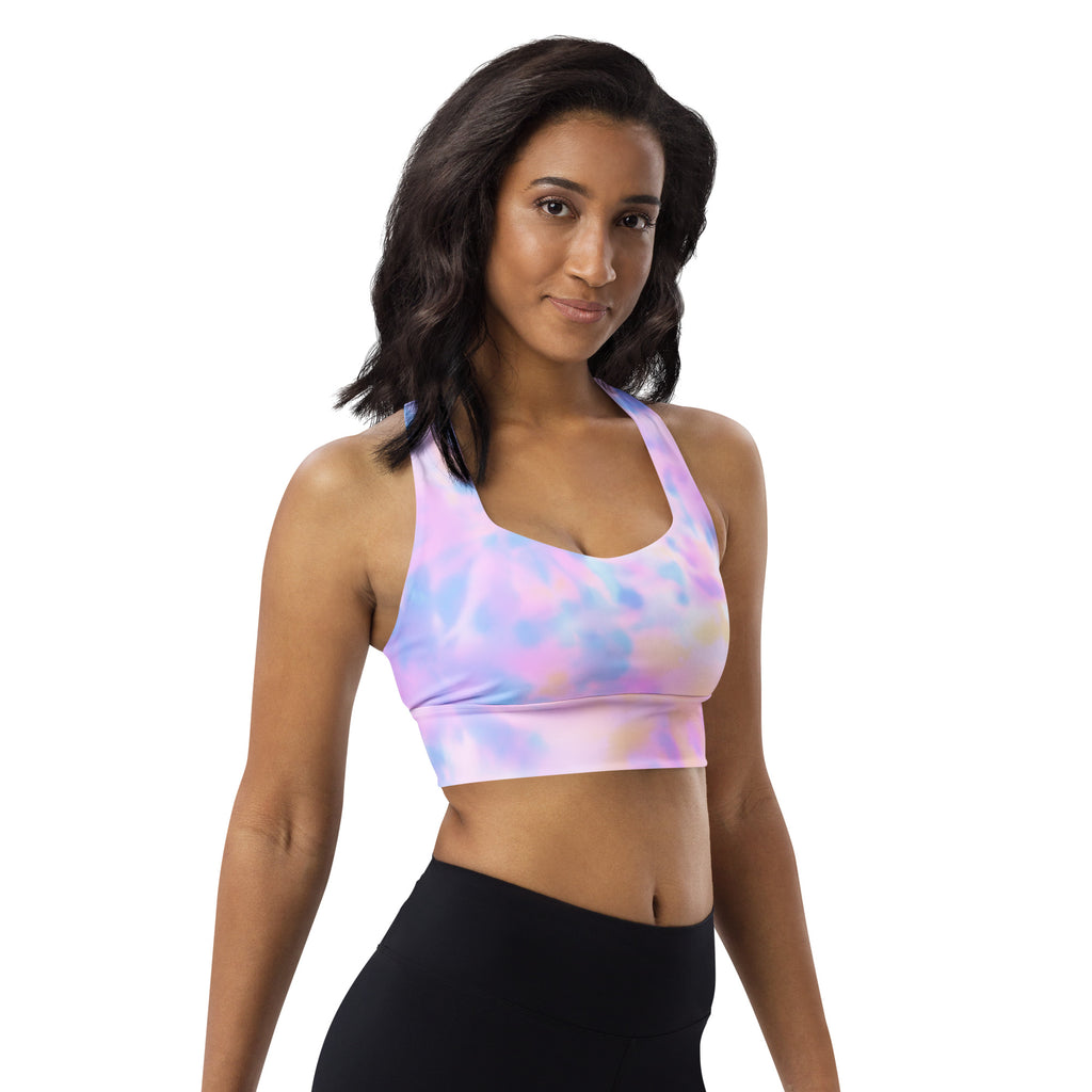 Women’s pastel watercolor buttery soft recycled longline sports bra with pink blue lavender tie-dye and high support