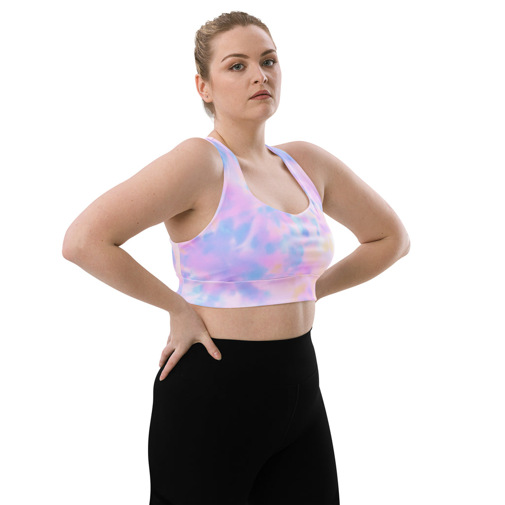 Women’s pastel tie-dye sports bra with buttery soft recycled fabric racerback straps high intensity support