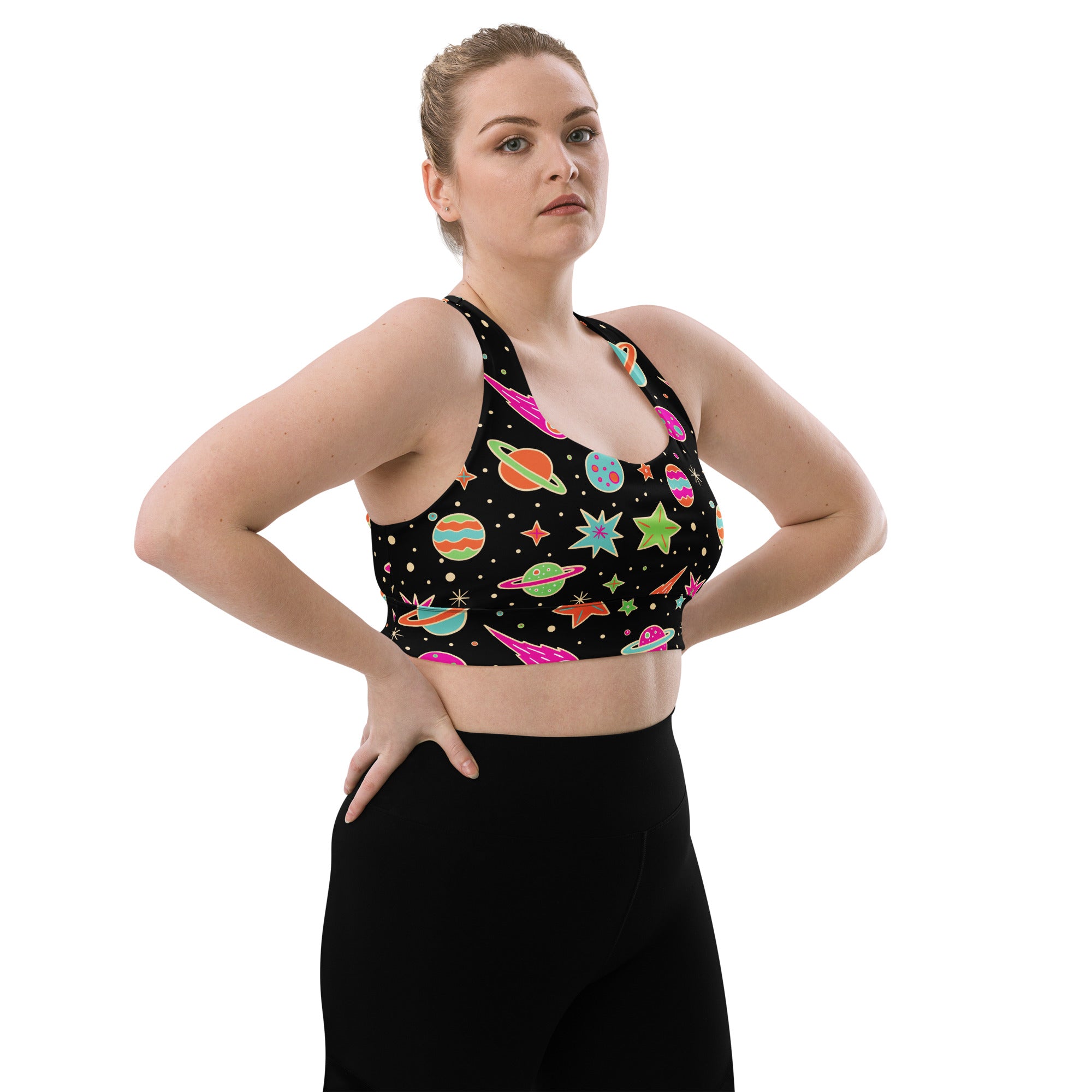 Women’s retro space longline sports bra with colorful neon planets stars ufos high intensity support quick dry upf 50+