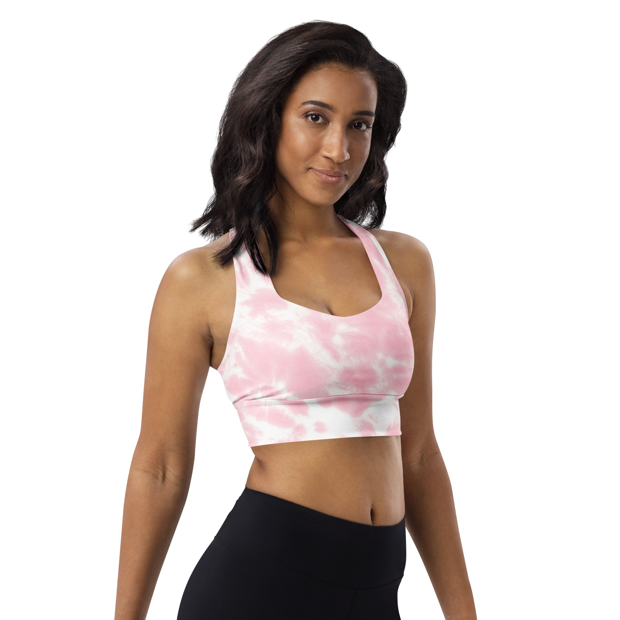 Women’s pink and white tie dye buttery soft recycled longline sports bra with racerback straps for high intensity support