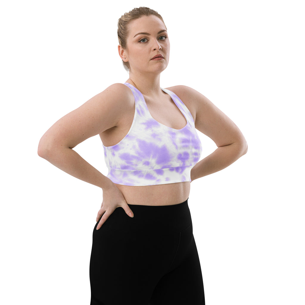 Women’s lavender and white tie dye recycled longline sports bra with racerback for high intensity support