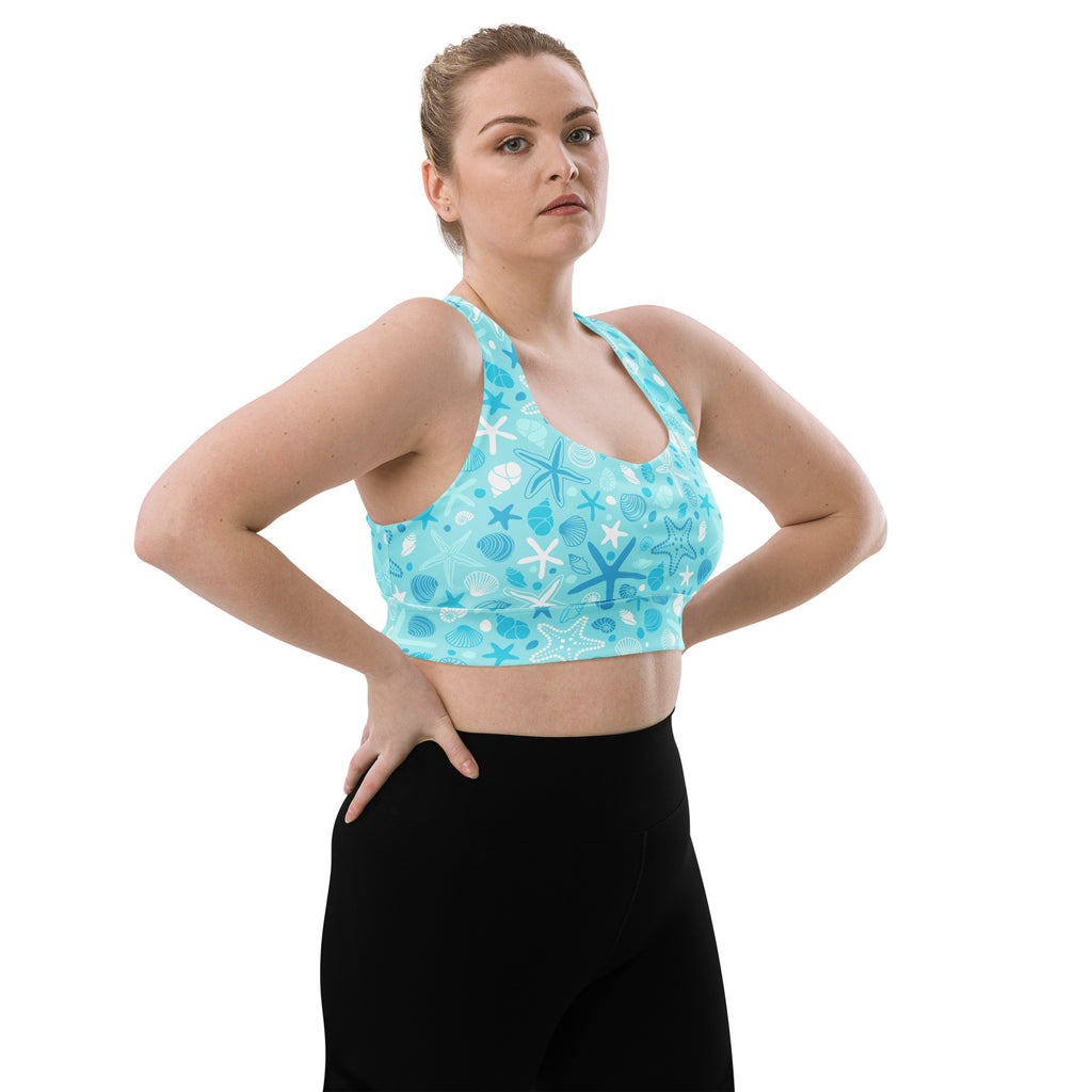Light blue women’s longline sports bra with starfish shells pattern buttery soft recycled fabric high intensity support