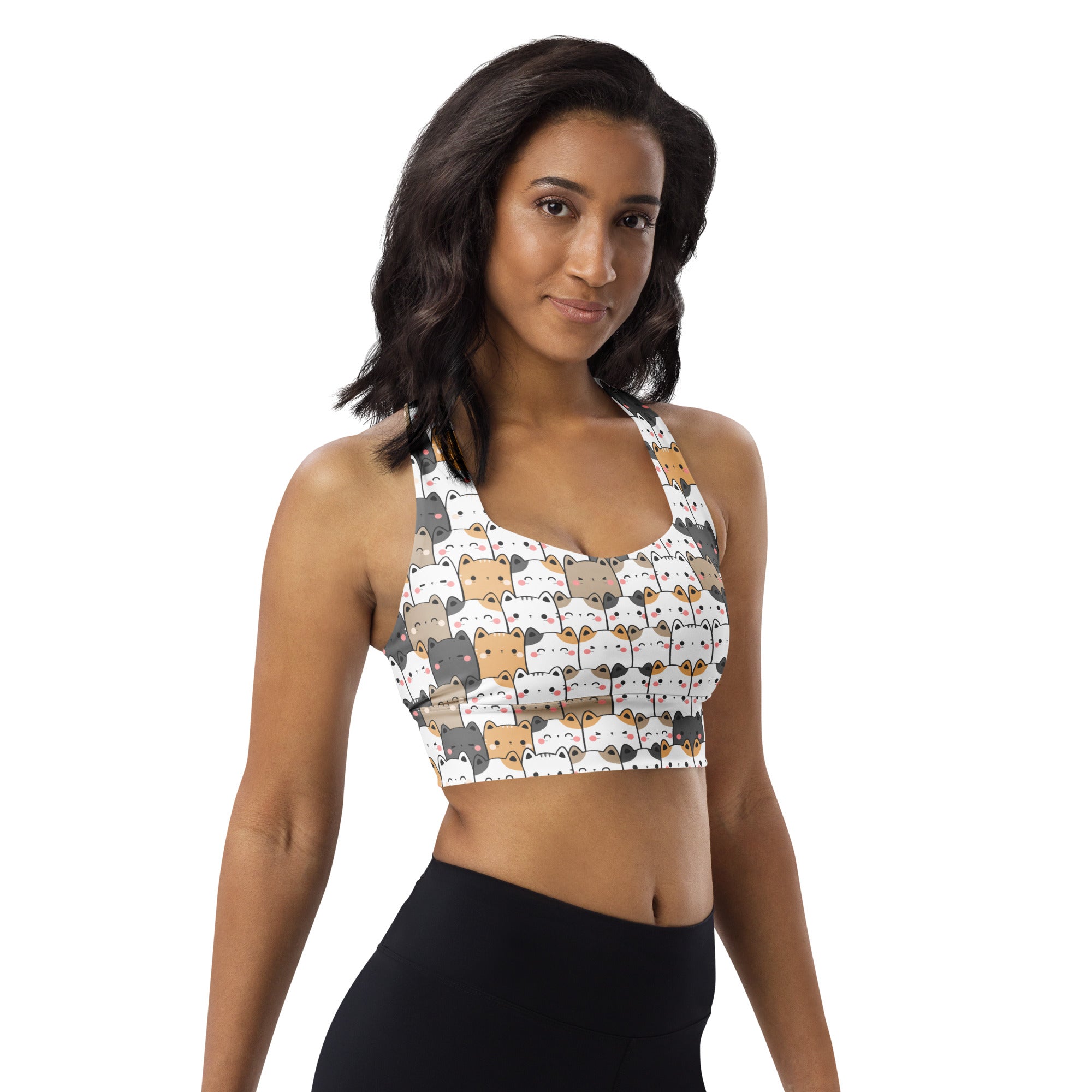 Women’s kawaii cat buttery soft recycled longline white sports bra with colorful cartoon fox faces for high intensity support