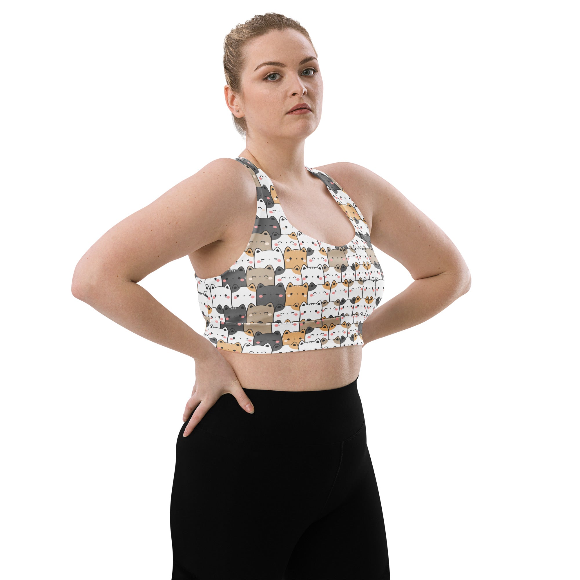 White womens kawaii cat buttery soft recycled longline sports bra with colorful cartoon cats for high intensity support