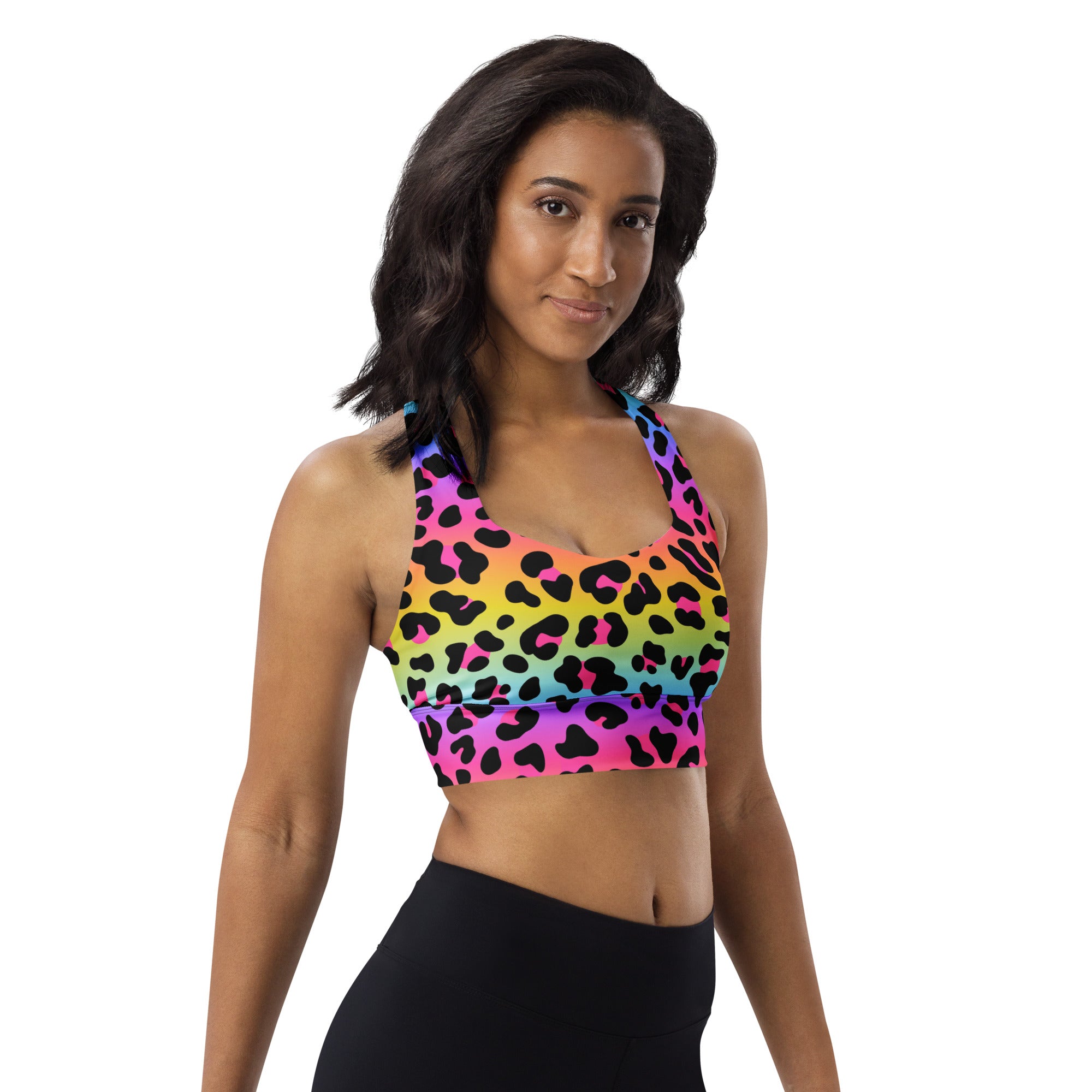 Women’s rainbow leopard print buttery soft recycled longline sports bra with halter neckline and high intensity support