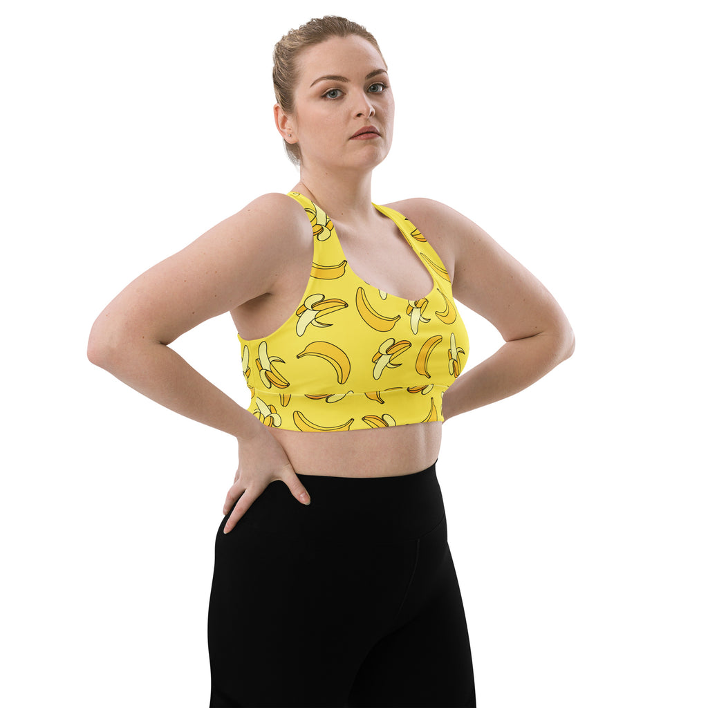 Women’s yellow banana print buttery soft recycled longline sports bra with high intensity support and quick dry fabric