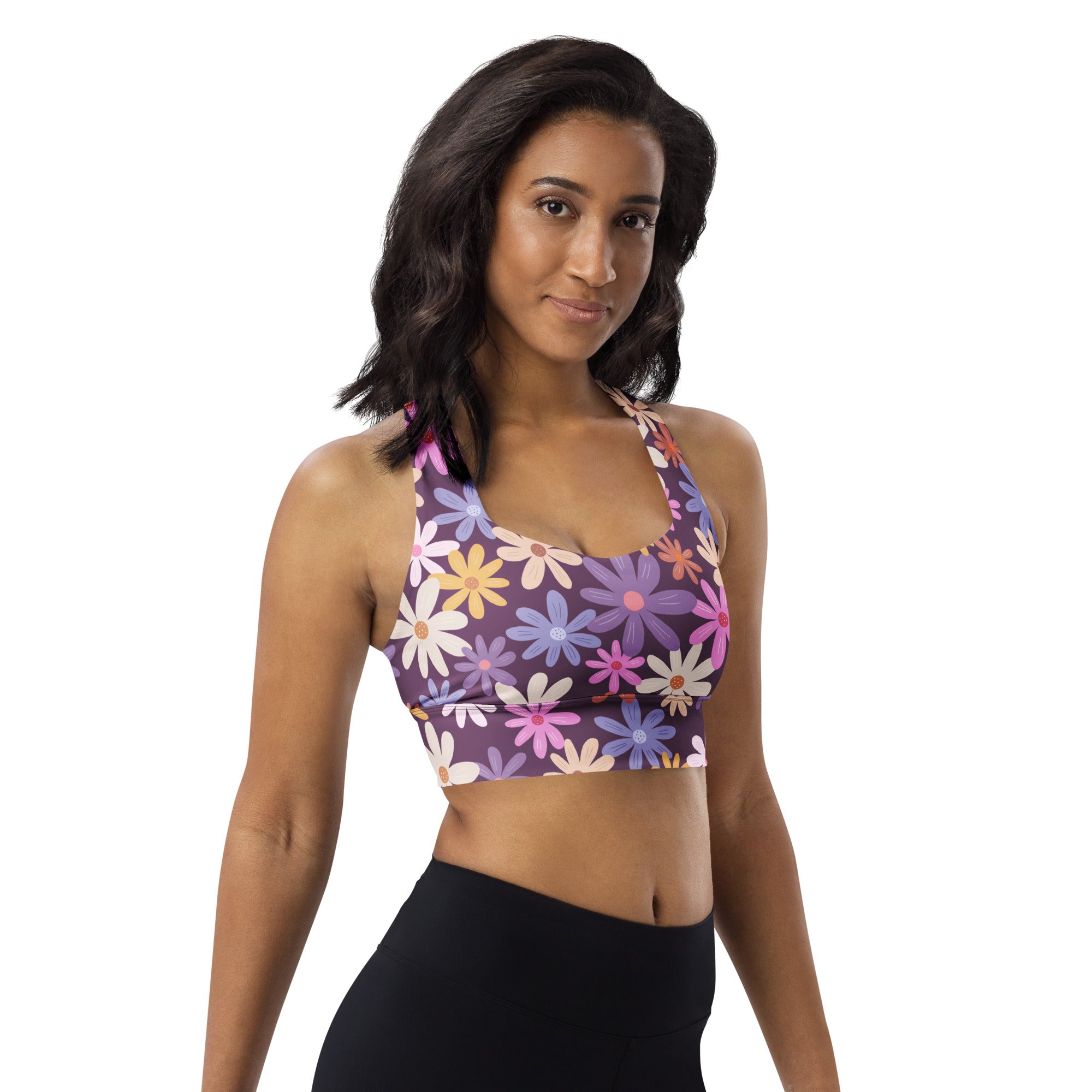 Women’s purple floral buttery soft recycled longline sports bra with colorful daisy patterns for high intensity support