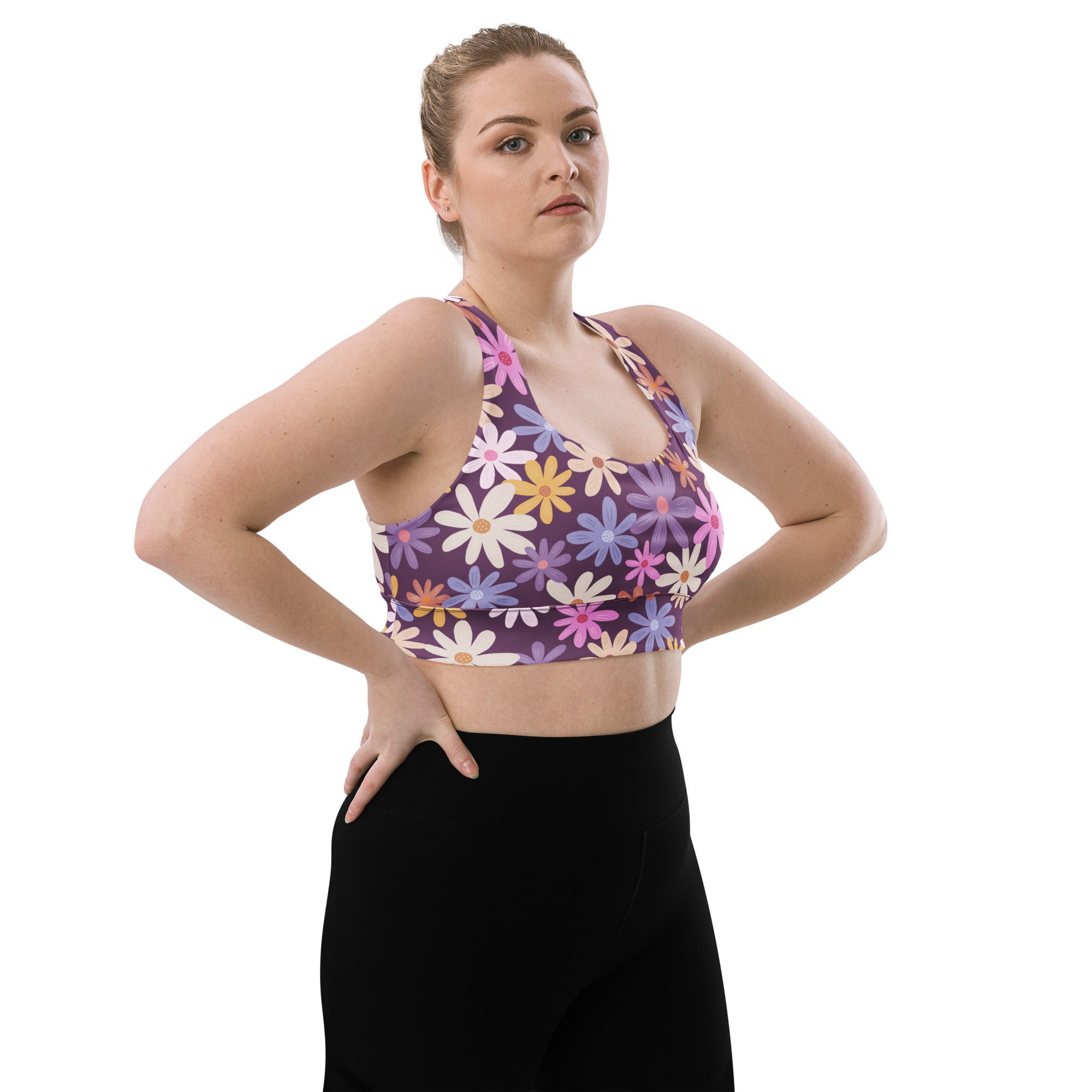 Women’s purple floral buttery soft recycled longline sports bra with vibrant daisy pattern for high intensity support