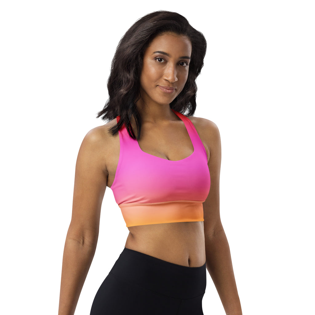 Women’s Sunset Ombre Buttery Soft Recycled Longline Sports Bra – High Intensity Support, Removable Padding, Quick Dry & UPF 50+