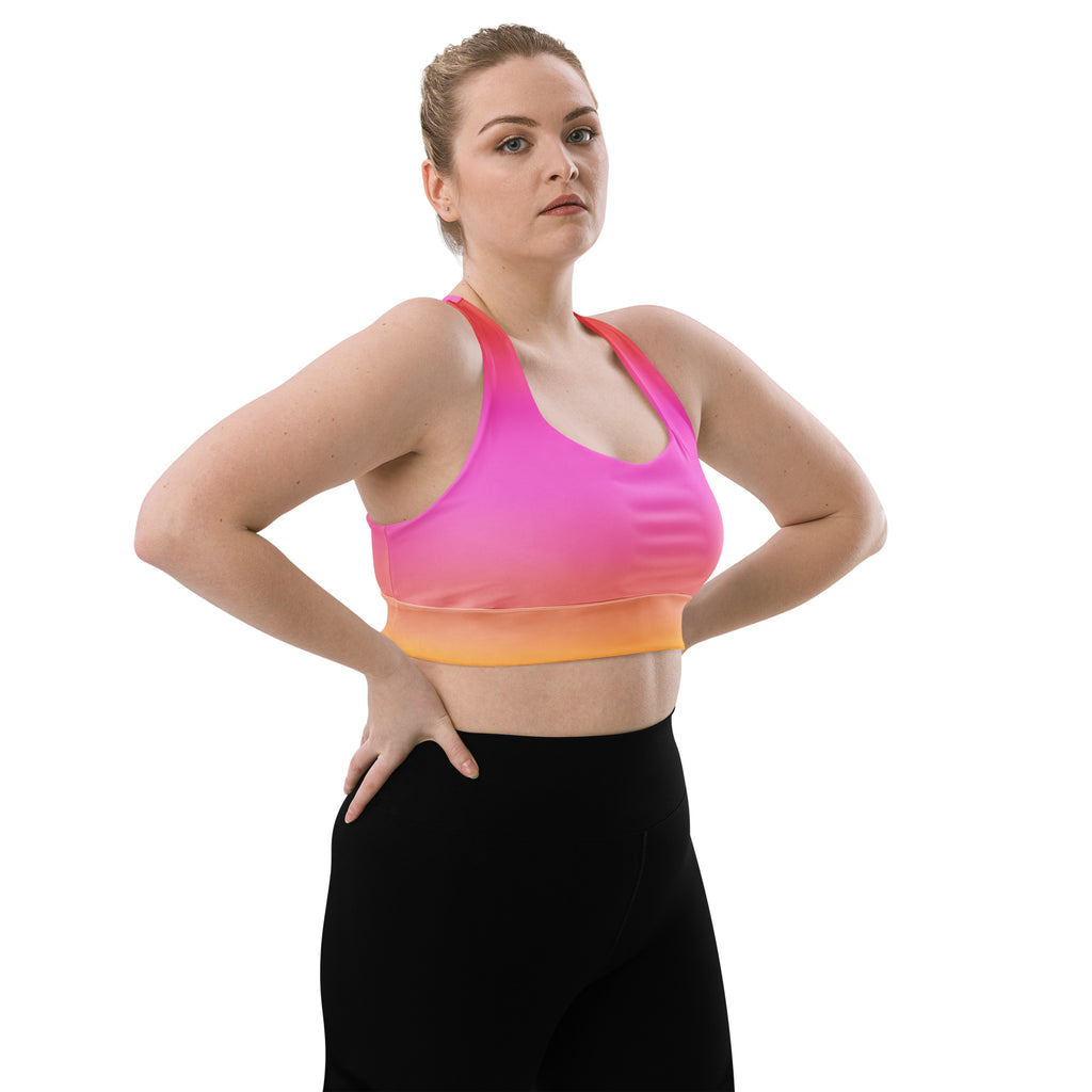 Women’s Sunset Ombre Buttery Soft Recycled Longline Sports Bra – High Intensity Support, Removable Padding, Quick Dry & UPF 50+