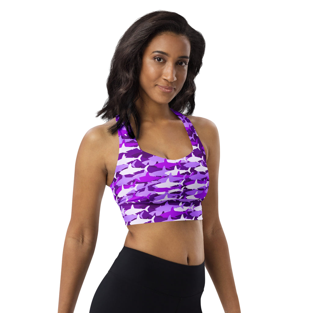 Women’s purple and white shark camouflage longline sports bra with high intensity support and quick dry fabric