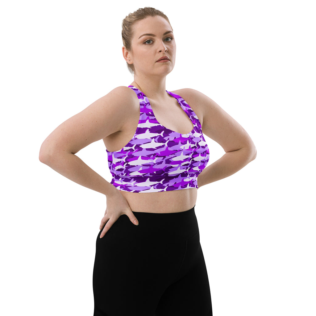 Women’s purple and white shark-patterned recycled longline sports bra with high intensity support and quick dry fabric