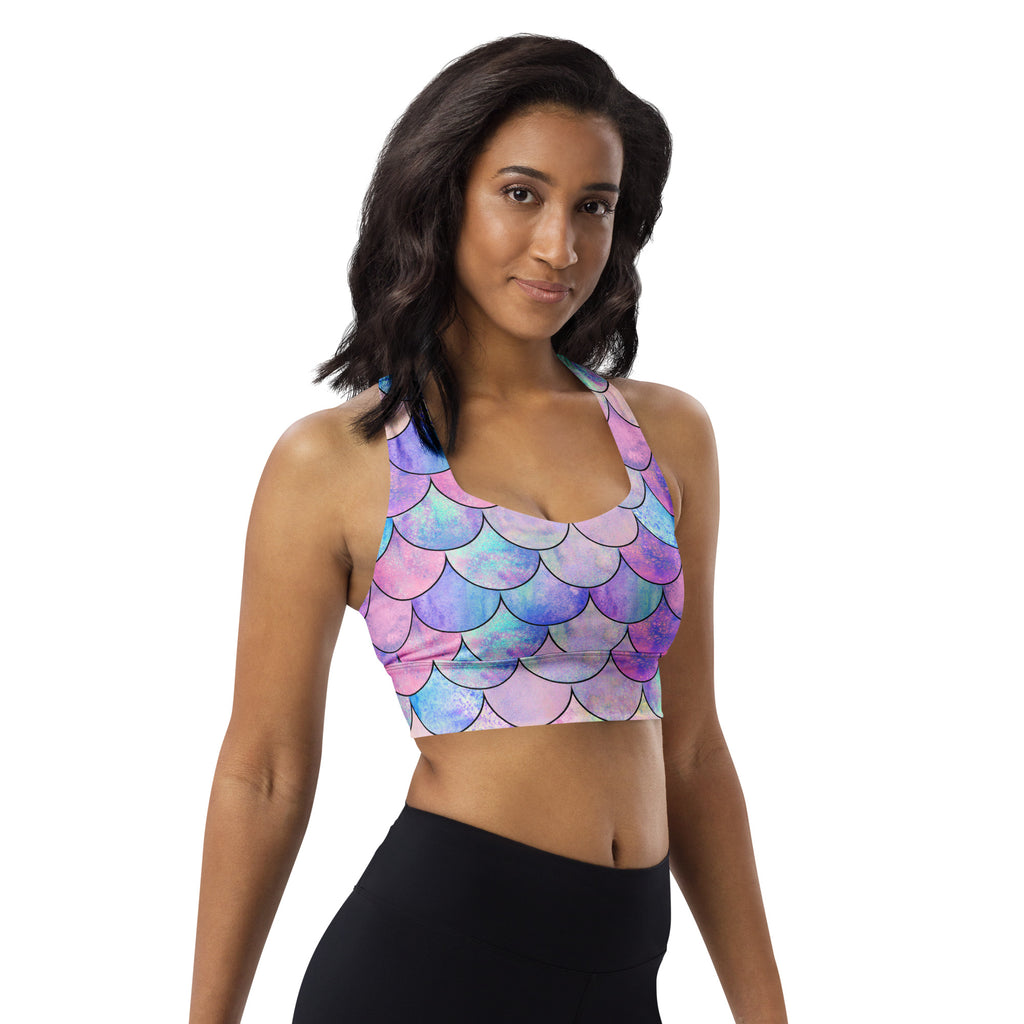 Women’s Pastel Mermaid Buttery Soft Recycled Longline Sports Bra – High Intensity Support, Removable Padding, Quick Dry & UPF 50+