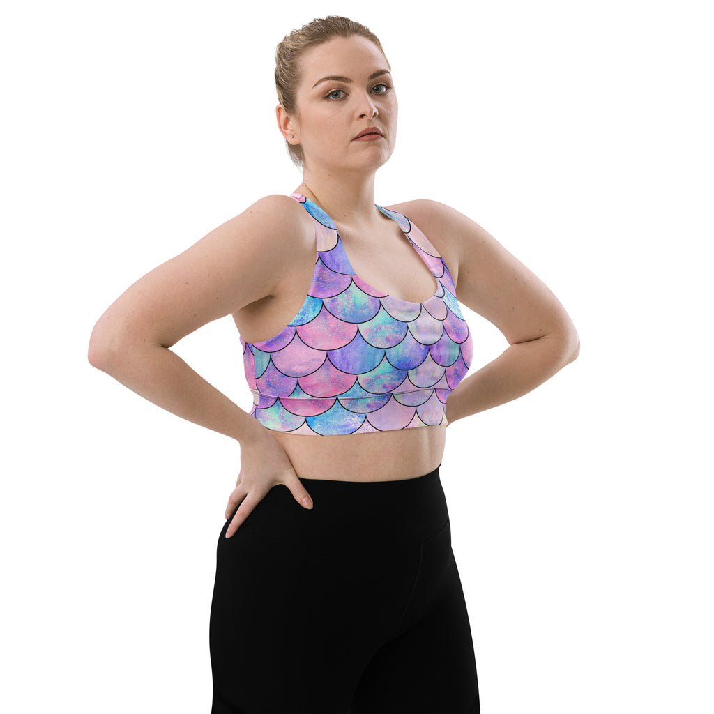 Women’s Pastel Mermaid Buttery Soft Recycled Longline Sports Bra – High Intensity Support, Removable Padding, Quick Dry & UPF 50+