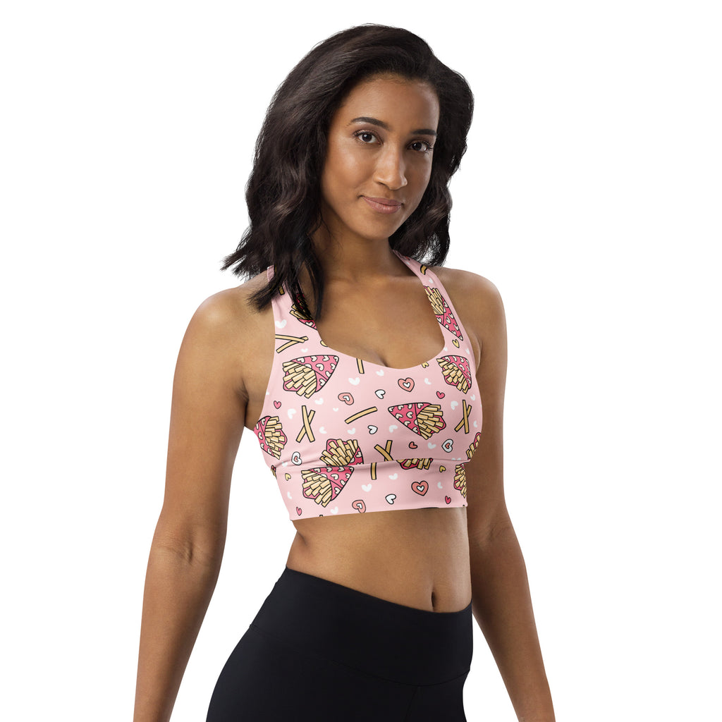 Women’s pink longline sports bra with cartoon french fries pizza hearts design buttery soft recycled fabric
