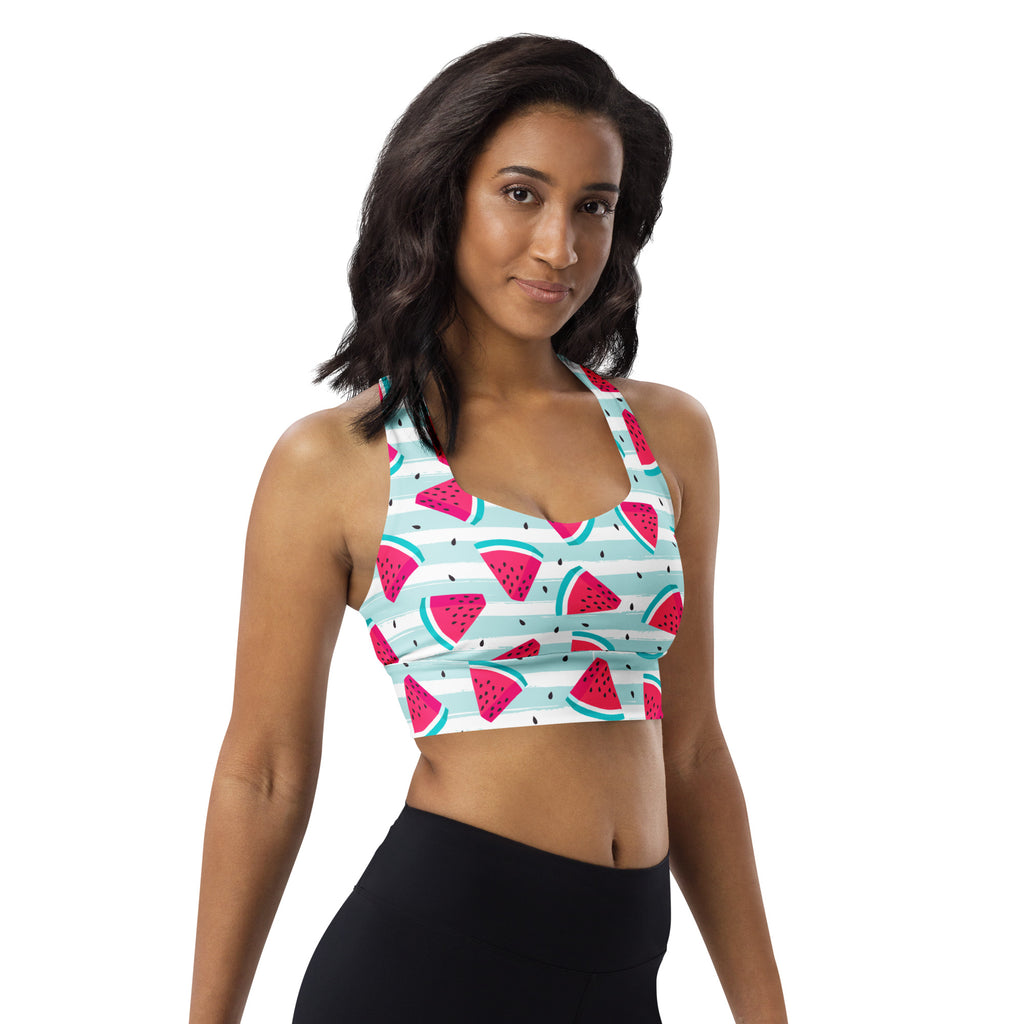 Women’s vibrant watermelon slice patterned longline sports bra with mint green stripes, buttery soft recycled fabric