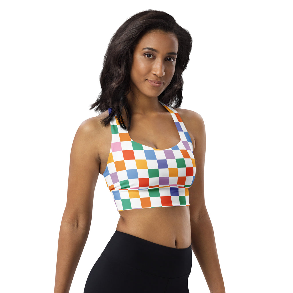 Women’s multicolor checker buttery soft recycled longline sports bra with halter neckline and high intensity support