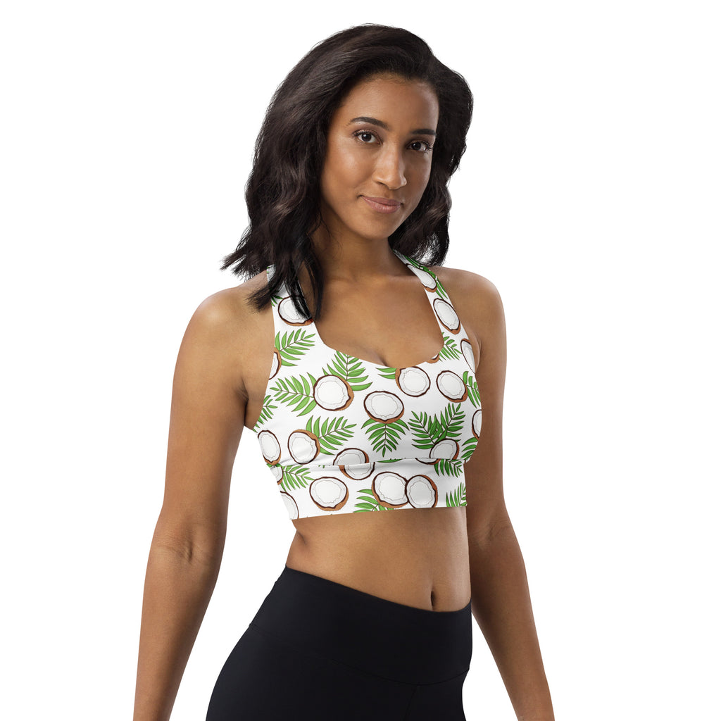 White buttery soft recycled longline sports bra with tropical coconut and palm print for high intensity support