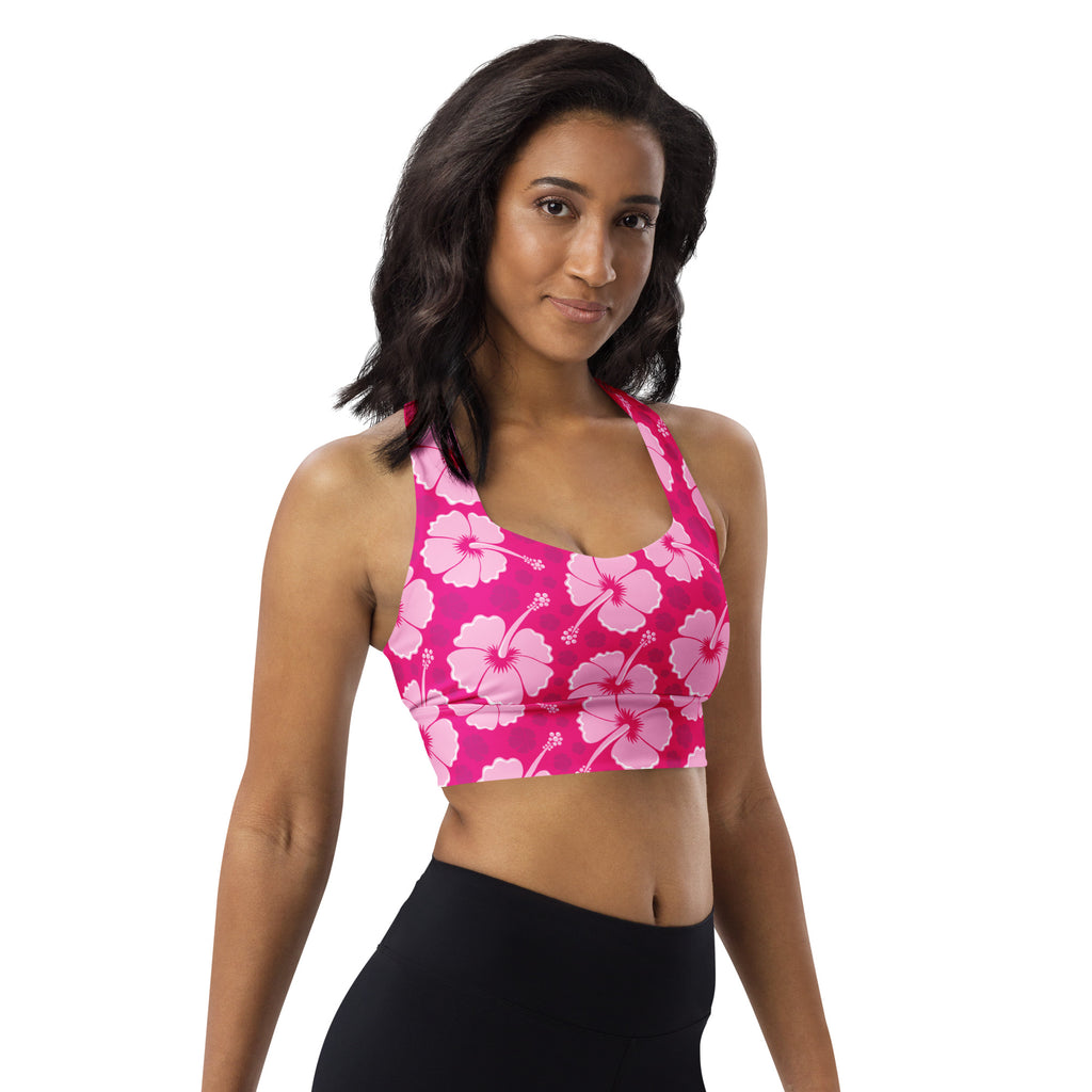 Women’s pink hibiscus patterned buttery soft recycled longline sports bra with halter neck for high intensity support