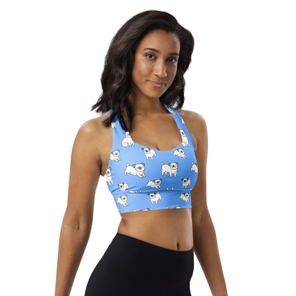 Women’s blue longline sports bra with white pug illustrations buttery soft recycled fabric high intensity support