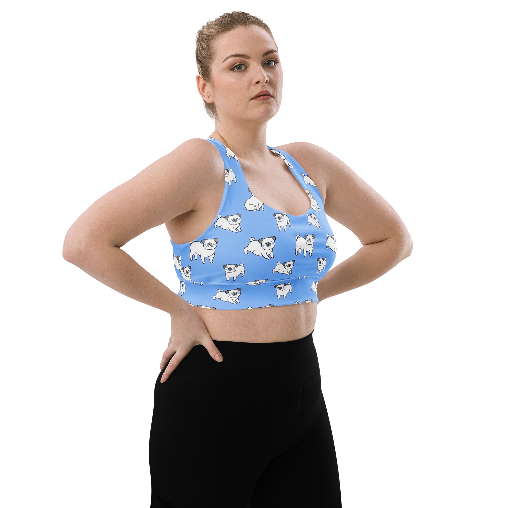 Light blue longline sports bra with white pug pattern made from buttery soft recycled fabric for high intensity support