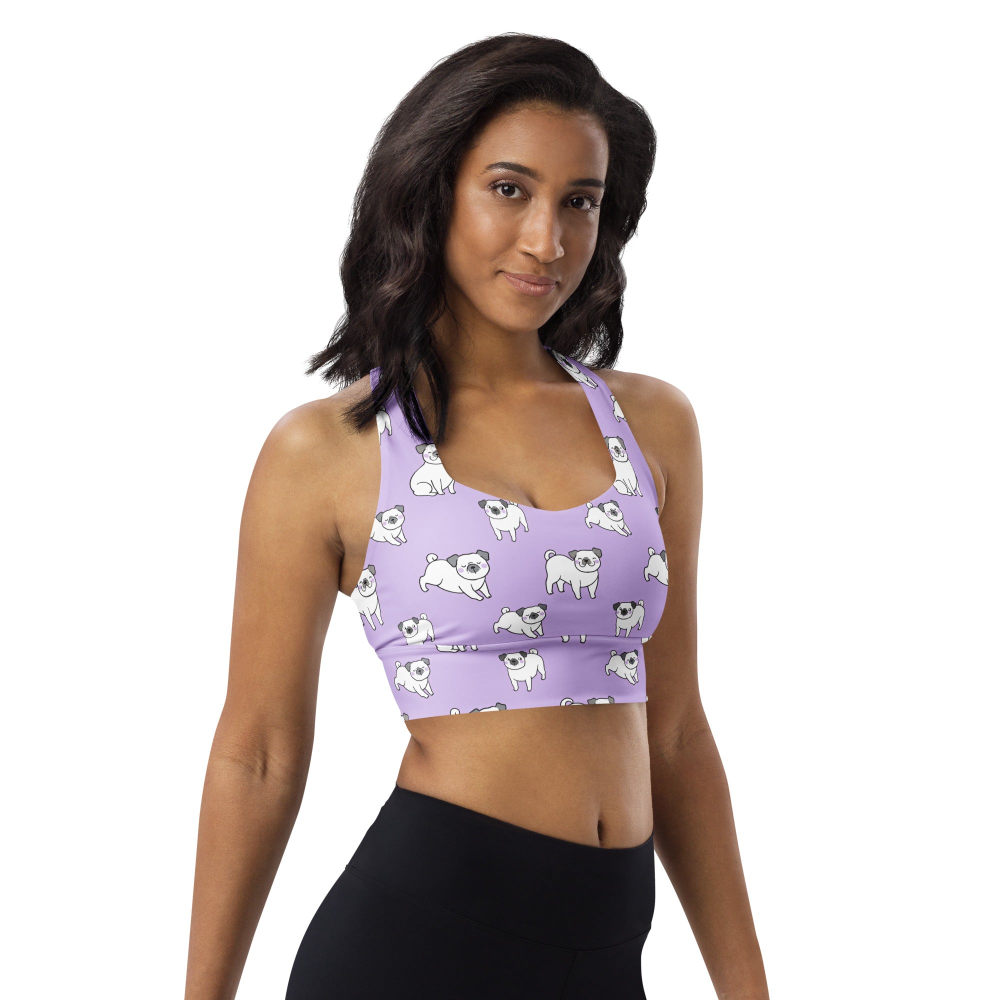 Women’s purple recycled longline sports bra with white pug dog pattern high intensity support removable padding