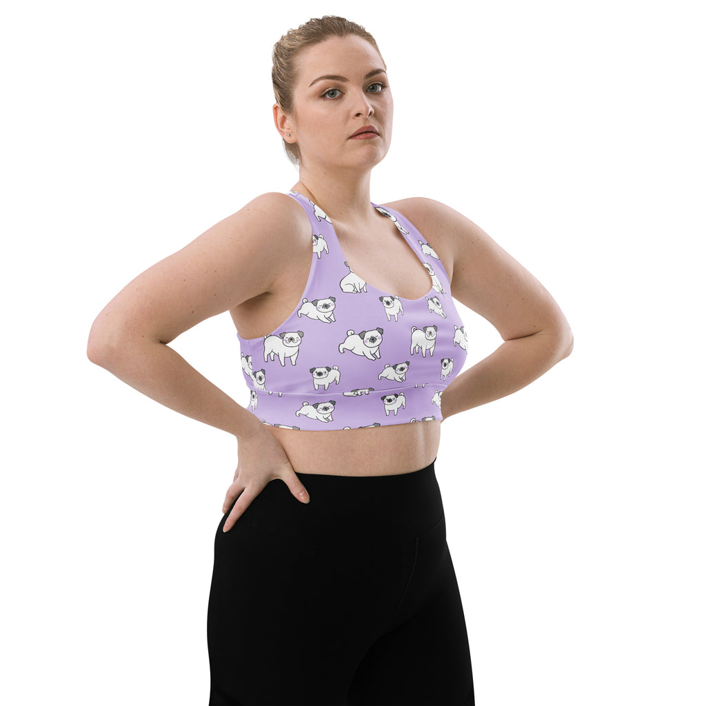 Women’s purple pug buttery soft recycled longline sports bra with white pug illustrations high intensity support