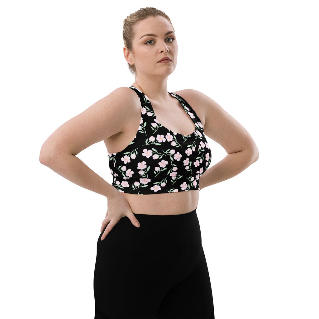 Women’s black floral print longline sports bra with pink blossoms green stems buttery soft recycled fabric