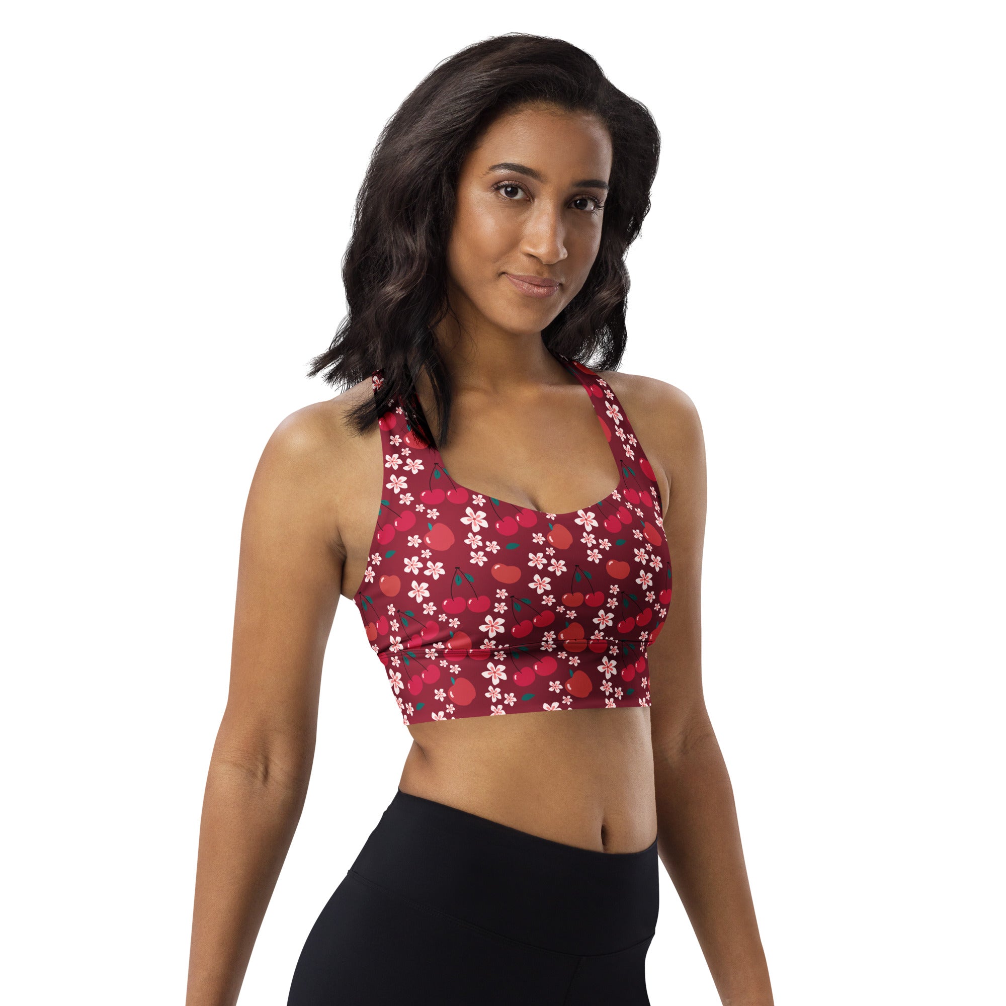 Women’s red and white cherry blossom patterned buttery soft recycled longline sports bra with halter neckline